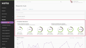 Educator account in Xello. The Reports hub is open with the Completion Standards section highlighted.